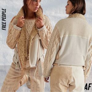FREE PEOPLE COZY KNIT MIX MOTO JACKET NWT SIZE LARGE CREAM TAN